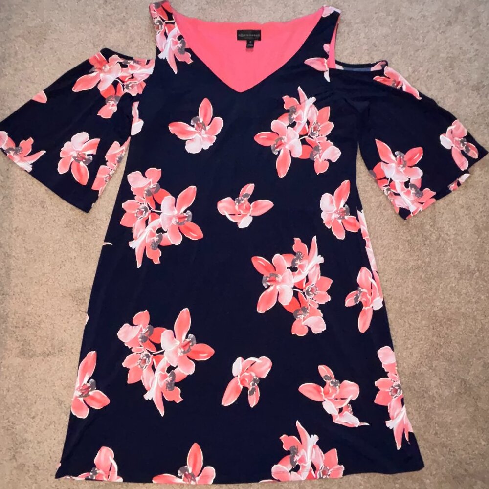Connected Apparel Cold Shoulder Navy Coral Floral Dress 16